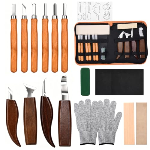 Wood Working Tools Kit Wood Carving Kit for Adult Beginners Professional Woodworking Tools Set Including 4 Wood Knives and 6 Chisels Basswood Blocks Storage Bag for DIY Lovers