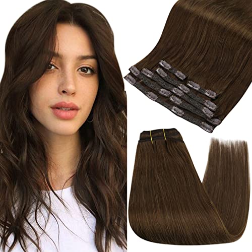 Fshine Clip in Hair Extensions Real Human Hair - 24 Inch 120g Brown Mother's Day Gifts Thick Remy Straight Real Hair Extensions Clip in Human Hair- 7pcs Natural Human Hair Clip In Extensions