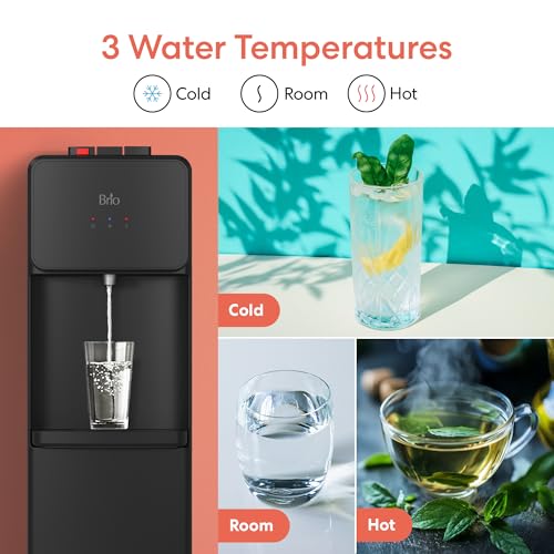 Image of Brio 130 Series Bottom Load Water Cooler Dispenser for 5 Gallon Bottles, Hot, Room & Cold, Great for Home or Office, Child Safety Lock, Empty Bottle Alert, Energy Star 3.0, Black
