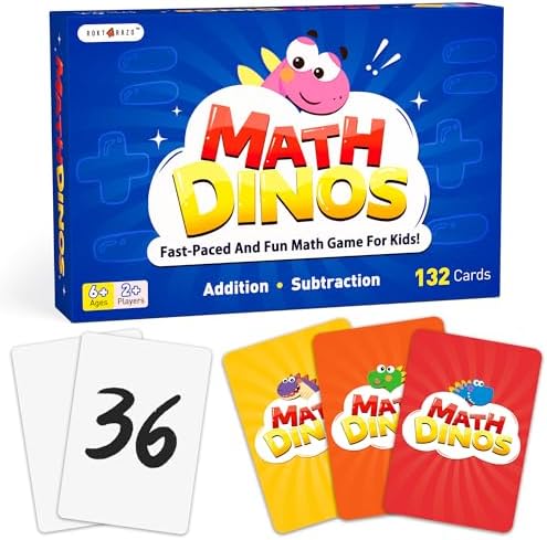 rokt&razo Math Dinos Card Game for Kids Ages 5+: Fast-paced Flash Cards for Addition, Subtraction, Multiplication, Division, Blank Cards to Fit Different Skill Levels, Perfect for Home and School
