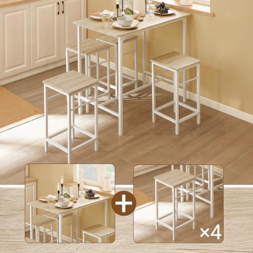 Miniatura 2 de Sobuy Juego De Mesa Y Taburetes Para Comedor Set De Mesa Alta De Bar Y 4 Taburetes Intustrial Blanco Y Natural Ogt11-Wn Es