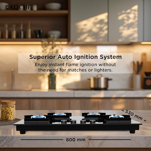 Image of KOCHE Ivan Hobtop 4 Burner gas stove | Multi-Pin Flame Designer Brass Burners, Auto Ignition, Premium Toughened Glass, High Thermal Efficiency, Ergonomic Control metal Knobs | 7-Year Warranty