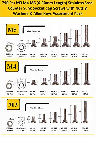Image of Stainless Steel 202 Grade Flat Socket Head Cap Screw Internal Hex M3 M4 M5 Thread Counter Sunk Full Thread Machine Screws Nuts and Bolts- Pack of 790 Pieces