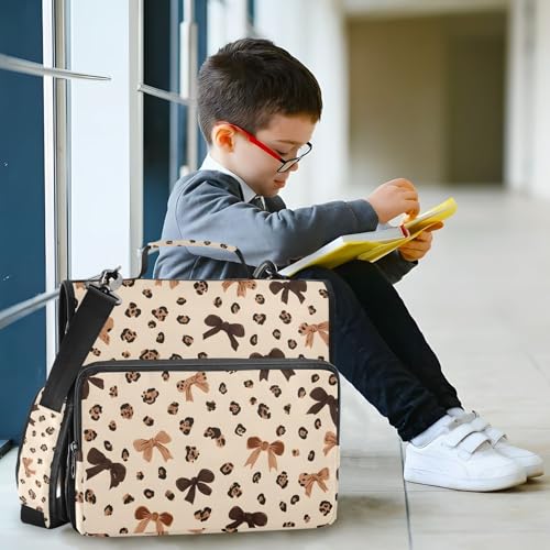 Image of 3 Ring Zipper Binder with Shoulder Strap Leopard Print Bow Pattern 1.5 inch Binders Keeper Large Capacity Multi Pockets for School Office Supplies