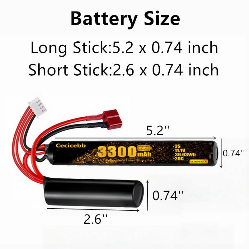 Cecicebb 3300mAh Airsoft Battery 11.1V Nunchuck Battery with T Plug Fit for AEG AK47 M4 MP5 Airsoft Model Guns Rifles 1 Pack 3S Rechargeable Stick Shape Butterfly with 11.1V USB Charger Cable