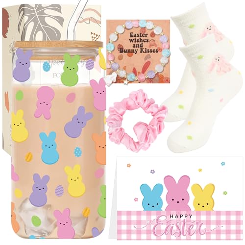 Shejdgart Easter Gifts Set for Women - 6 Pcs Easter Basket Stuffers for Adults, 16oz Glass Cup Socks Bracelet Greeting Card Silk Scrunchie Gift Set, Unique Bunny Gift Ideas for Girls