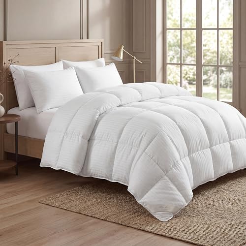 Image of Elegant Comfort Premium Hotel Quality 100% Egyptian Cotton, 3-Piece Stripe Down Alternative Cotton Comforter Set - Box Stitched - Duvet Insert with 4 Corner Tabs, King, White
