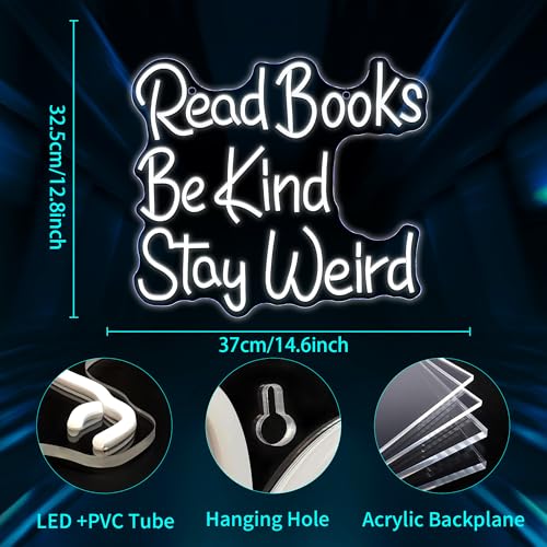 Image of Neon Sign, JGHTURIE Read Books Neon Signs for Wall Decor White Led Lights Signs for Classroom Office Library Bookshop Study Room Decoration USB Powered