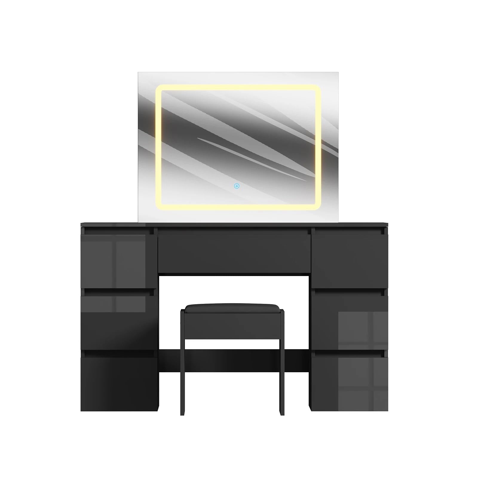 LSLIFE Schminktisch mit Spiegel und Hocker Weißer Schminktisch mit LED-Beleuchtung 7 Schubladen Hochglanz Make-up Schreibtisch Schlafzimmer Ideal für Mädchen und Frauen Schlafzimmer Möbel (Schwarz)
