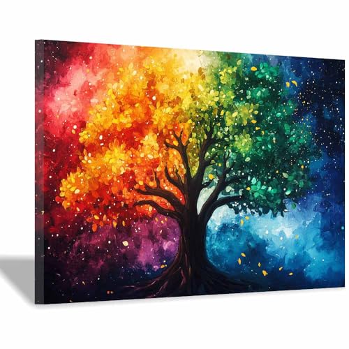 Arbre de vie décoration murale moderne multicolore pour salon 30x50cm encadrée