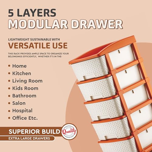 Image of HORPIN 5-Layer & Plastic Drawer Storage Organiser | Modular Kitchen & Toy Organizer For Kids Room | Home, Office, Parlor, School, Doctors, Home And Kids | Brown & White (5XL Set)