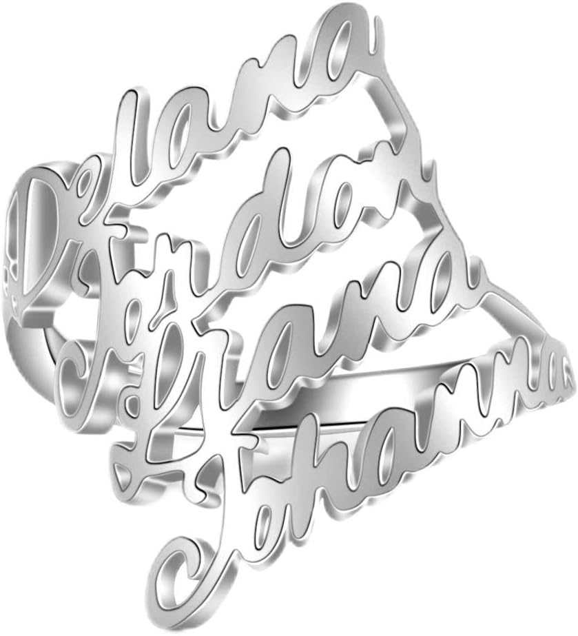 LONAGO Personalized Name Ring Engrave Name Stacking Ring Customize One, Two, Three, Four Names Promise Ring for Women