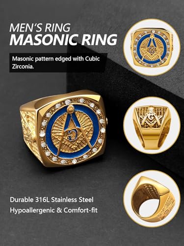 Masonic Signet Rings for Men, 316L Stainless Steel/18K Real Gold/Black Metal Freemason Jewelry, Punk Biker Mason Ring, Size 7-123