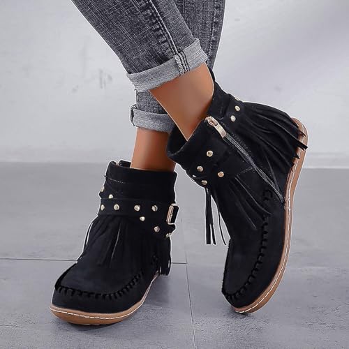 Ankle Cowboy Boots for Women Bohemian Wide Round Toe Chunky Bottom Vintage Suede Tassel Lace Up Western Cowboy Ankle Boots Fashion Pull On Retro Low Heel Mid Calf Dress Shoes with Zipper2