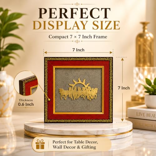 Image of HindCraft 7 Horses Vastu Frame on Raw Pyrite Stone - Decorative Photo Frame for Wall & Table | Vastu Decor, Housewarming Gift, Office Desk Showpiece | 7x7 Inch