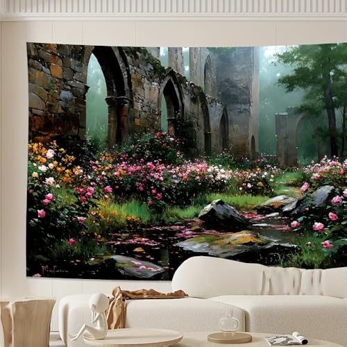 GLWDMH Tapisserie murale en polyester représentant une rose rêveuse fleurissant parmi des ruines de pierre antiques, pour chambre, bureau, dortoir,...