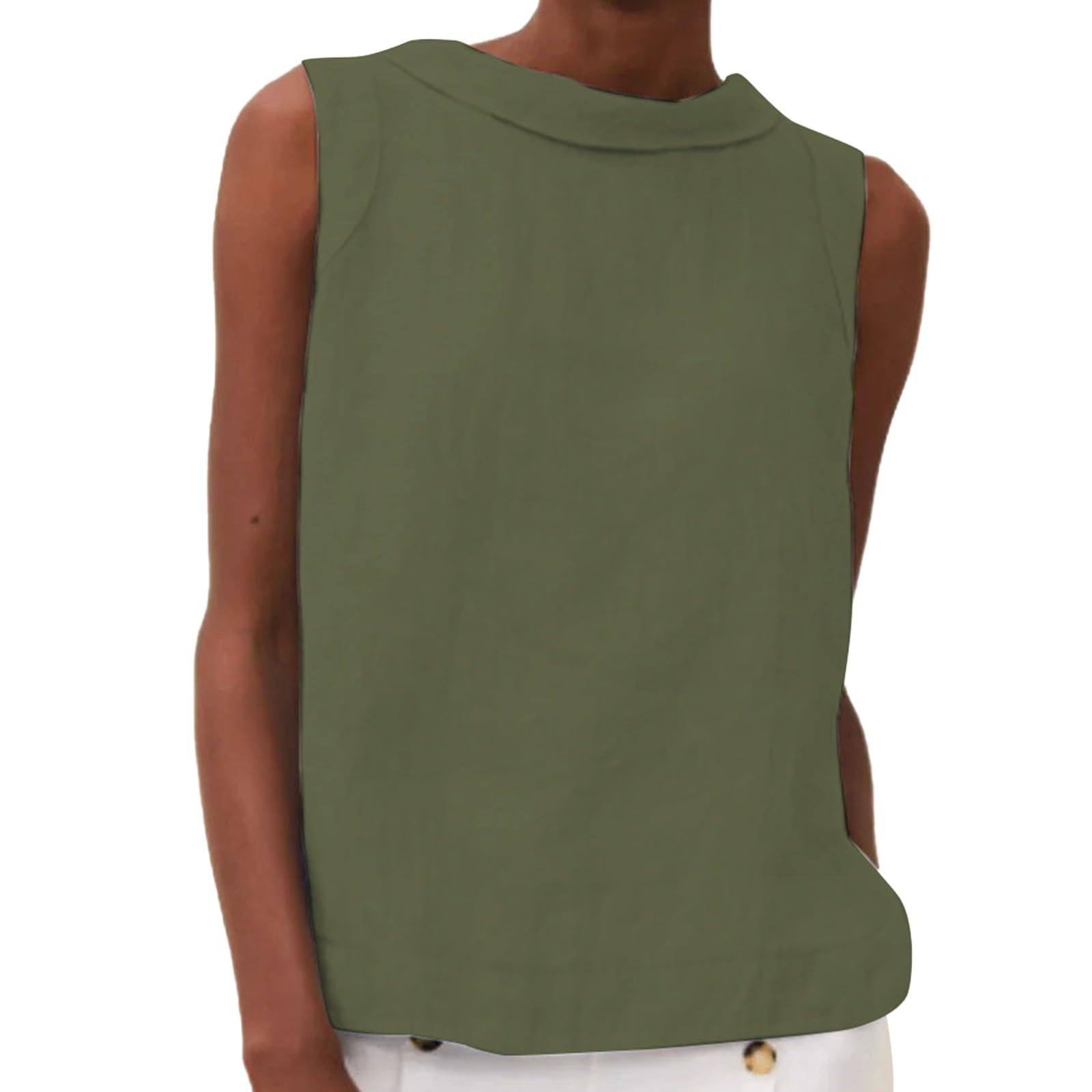 Women's Cotton Linen Tank Tops High Neck Casual Cami Sleeveless Camisole Blouses Summer Basic Shirt Solid Color Crop Tops(Green,X-Large) โ image 1