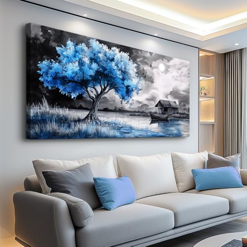 PHAOHUAXM Large Wall Art For Living Room Blue Wall Decor For Bedroom Black White And Blue Trees Wall Pictures Restaurant Office Frame Printing Canvas Large Artwork Modern Home Decoration 30x60 in