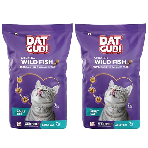 Image of DatGud Adult Dry Cat Food, 14 kg (7 kg + 7 kg Free), Chicken & Wild Fish with Antarctic Krill | Complete & Balanced Nutrition | Antioxidants for Immunity | Taurine for Heart & Vision | Easy to Digest