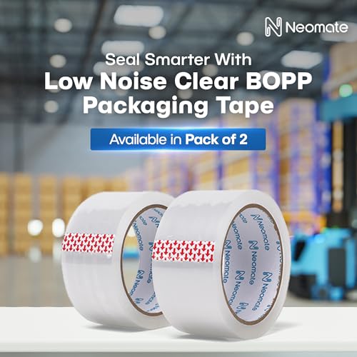 Image of Neomate Low Noise Clear BOPP Packaging Tape | 48mm x 50m, Pack of 2 | Heavy-Duty Transparent Tape for Packaging, Decorating, DIY Projects
