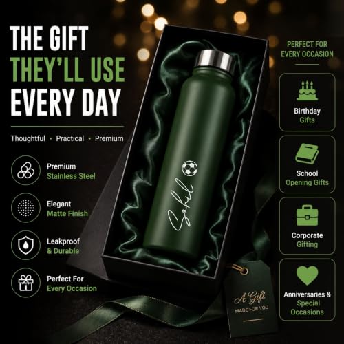 Image of Courage Personalised Stainless Steel Water Bottle 1 Litre | Custom Name Engraved Bottle | Leak-Proof, BPA-Free, Rust-Resistant | Stylish Gift for Kids, Women & Men | Office, School & Gym Use (Green)