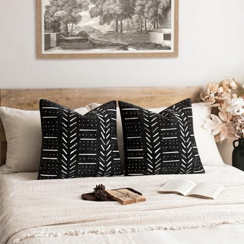 Image of Foindtower Set of 2 Decorative Chenille Jacquard Throw Pillow Covers Textured Farmhouse Vintage Cushion Covers Modern Boho Accent Home Decor for Sofa Chair Couch Bedroom Living Room,18x18 Inch,Black