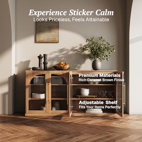 Image of BELLEZE 65 inch Arched Sideboard with Glass Door, Accent Buffet Cabinet with Storage and Adjustable Shelves, Classic Modern Large Console Table for Dining Room Living Room Entryway (Camel)