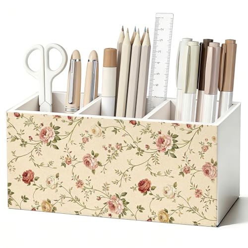 SkyCozy Vintage Floral Pen Pencil Holder for Desk, Neutral Cottagecore Flower Botanical Wooden Box Sign Decorations for Home Office Girls Room Bedroom Desk Tabletop
