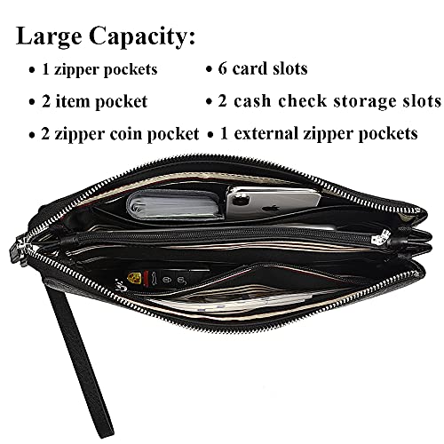 Men Clutch Purse Leather Wallets Wristlet Handbags Business Zipper Tote Bags, Black2