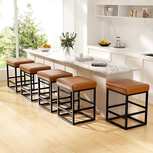 Image of Bar Stools Set of 5, 24in Counter Height Barstools, Faux Leather Counter Stools with Thick Square Seats & Sturdy Metal Base, Modern Bar Chairs for Kitchen Island (Caramel)
