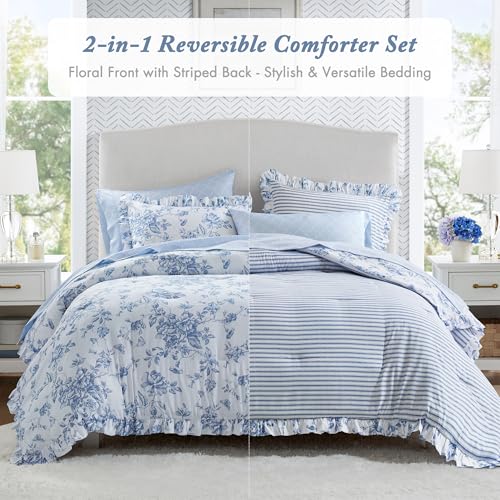 Image of Madison Park Essentials Adele Blue Floral Full Size Comforter Set - Vintage Bed in a Bag with Sheets, Reversible Ruffle Bedding, Elegant Gift for Her