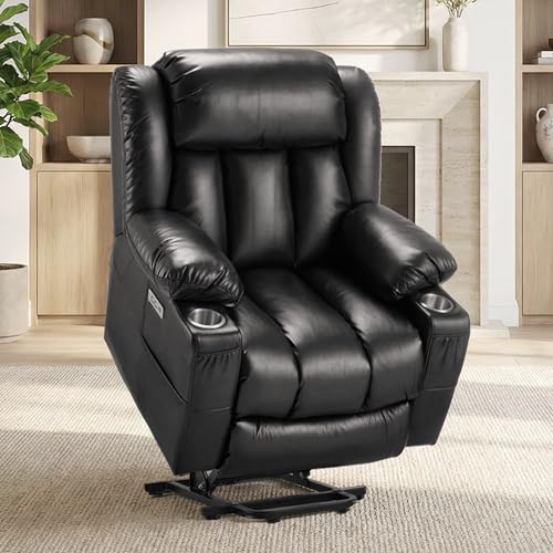 Kasunpul Oversized Power Lift Recliner with Massage and Heat for Elderly, Heavy Duty Reclining Chair, Faux Breathable Leather, Includes USB/Type-C Ports, 2 Cup Holders& Remote Control, Black