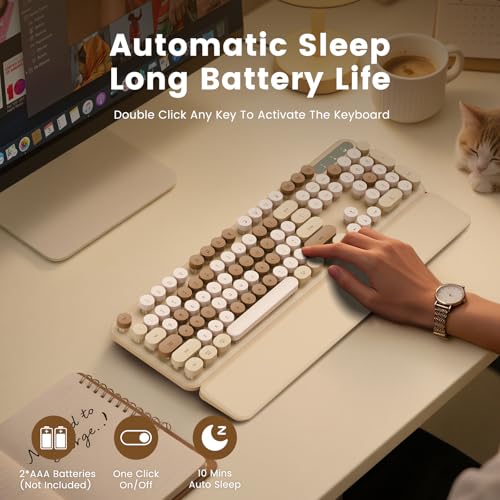 Image of Wireless Keyboard, Round Keycaps, Retro Typewriter Keyboard with Magnetic Wrist Rest, Sleep Mode, Foldable Legs, 2.4GHz Full-Size Cordless Computer Keyboard for Windows PC, Laptop (Beige & Brown)