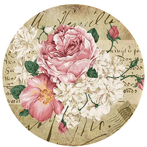 Kiuloam Vintage Shabby Chic Pink Rose Floral Non-Slip Round Area Rugs Kitchen Floor Mat Soft Floor Carpet For Chair Living Room Bedroom, 2-Ft Diameter #TOP14