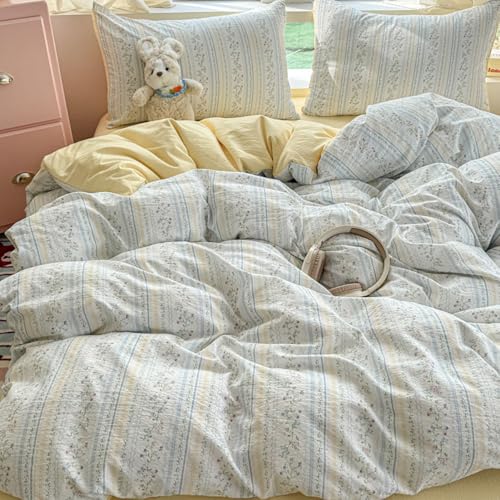 Covebett Duvet Cover Sets Double Size Blue Yellow Flowers Floral Striped Reversible Microfibre Bedding Set Botanical Aesthetic Girls Quilt Cover 200x200 with Zipper Closure and 2 Pillowcase 50x75 cm - Image 4