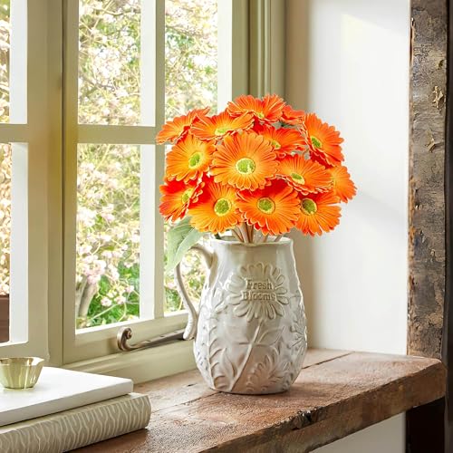 Image of CURATED CART Gerbera Daisy Flowers - Pack of 5 Orange Faux Blooms, 30cm Tall | Real Touch PU Petals with Bendable Green Stems | Artificial Flower Bouquet for Home, Kitchen, Office (Orange) (No Vase)