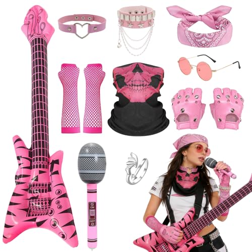 AYNKH 12PCS Déguisement Rockstar Punk Gothique Set,Accessoires Rocker avec Guitare Gonflable,Micro,Colliers,Gants,Lunettes,Bandana et Bague,Costume Disco...
