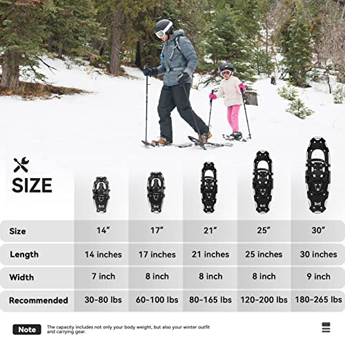 Alps 14/17/21/25/30 Inch Lightweight Snowshoes For Women Men Youth Kids, Light Weight Aluminum Alloy Terrain Snow Shoes With Pair Antishock Trekking Poles, Free Carrying Tote Bag (Black, 30'') #TOP5
