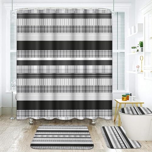 ArtSocket Bathroom Sets with Shower Curtain and Rugs, Geometric Stripes