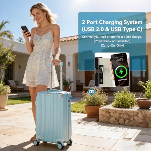 Image of 20 Inch Carry On Luggage with Spinner Wheels,PC Expandable Hard Shell Suitcase with USB Port,Lightweight Travel Luggage Airline Approved for Men Women (Mint blue)