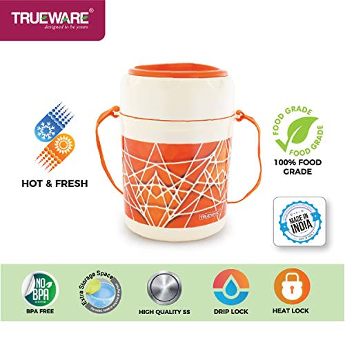 Image of TRUEWARE Trendy 3 Lunch Box with 3 Stainless Steel Container,300ml X3 Orange | PU Insulated | Lunch Box | Tiffin | Hot lunch box | Leak Proof | Easy to Carry | Hot & Cold Food Grade | BPA Free | Stainless Steel Dabbi | Office | Outdoors | For Men, Women, and Kids