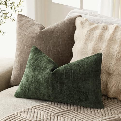 Image of Foindtower Pack of 2 Textured Chenille Throw Decorative Pillow Covers Square Accent Solid Cushion Cover Neutral Farmhouse Lumbar Pillow Case for Couch Sofa Bedroom Living Room 12x20 Inch,Dark Green