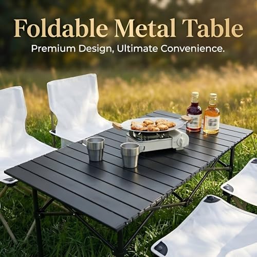 Image of Kraptick Portable Metal Folding Camping Table with Roll-Up Tabletop Lightweight Outdoor Long Table with Carry Bag Compact & Durable Folding Table for Camping, Picnic, Beach & Travel Use (Black)