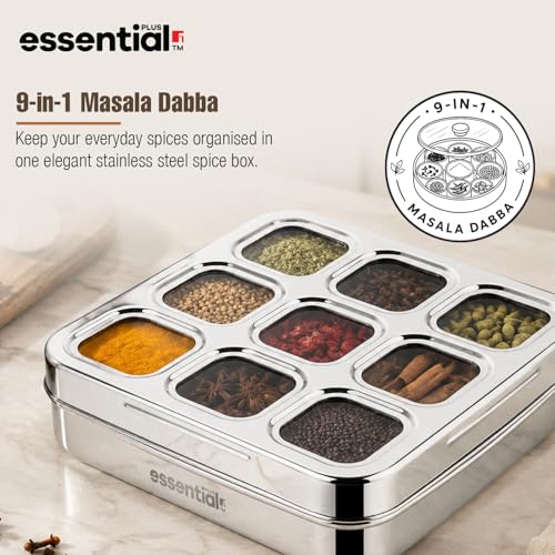 Image of Essential Plus Stainless Steel Multi Use Box, 24cm (150ml), See Through Lid, 9 in 1 Masala Dabba / Spice Box for Kitchen, Square Shape Spice Organizer / Masala Dani with 9 Containers, Easy to Clean