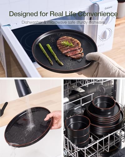 Image of Famiware Nebula Ridge Stoneware Dinnerware Sets with Pasta Bowls, Plates and Bowls Sets, Service for 6 (24 Pieces), Microwave and Dishwasher Safe Kitchen Plates, Matte Black