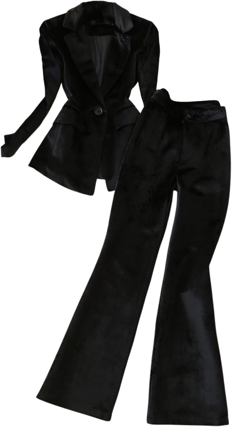 Women's 2 Pieces Velvet Suit Office Work Notch Lapel One Button Jacket Pants Business Tuxedos Set