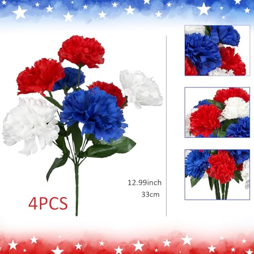 Image of 4PCS Memorial Day Flower Red White and Blue Chrysanthemum 13 inch Patriotic Flower Fake Silk Cemetery Flower Arrangement for July Independence Day Grave Centerpiece Home Decor(NO VASE)