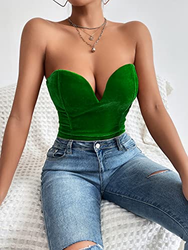 Choies Women\'s Bandeau Back Lace Up Velvet Bodysuit Sexy Strapless Top Green Bodysuit Jumpsuit for Women M - Thumbnail 4
