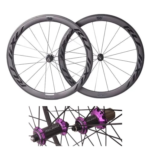 LSRRYD Juego De Ruedas De Carbono para Bicicleta De Carretera 700C Freno De Llanta, 50mm De Profundidad, 23 32c Cubiertas, Rodamientos Cerámicos, Cassette De 8 9 10 11 Y 12 Velocidades(Purple Hub)