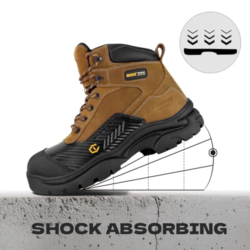 Waterproof Leather Soft/Steel Toe Work Boots For Men,Heavy Duty 6Inch Oil/Slip Resistant Rubber Outsole Comfortable Construction Industrial Safety Men’s Work Boots3